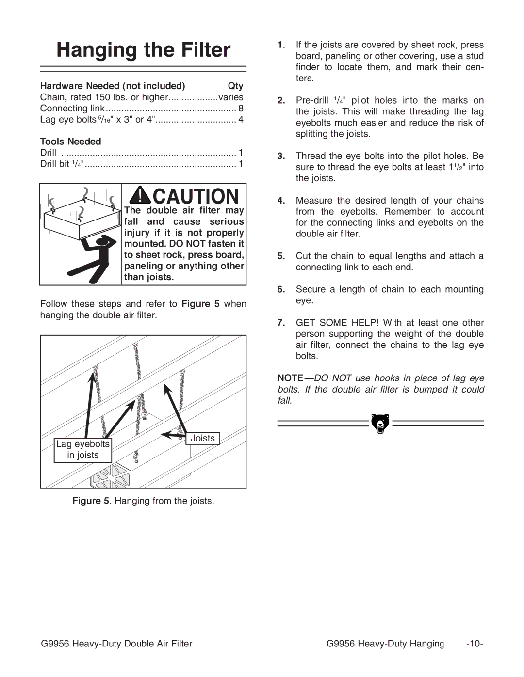 Grizzly G9956 instruction manual Hanging the Filter, Hardware Needed not included Qty 