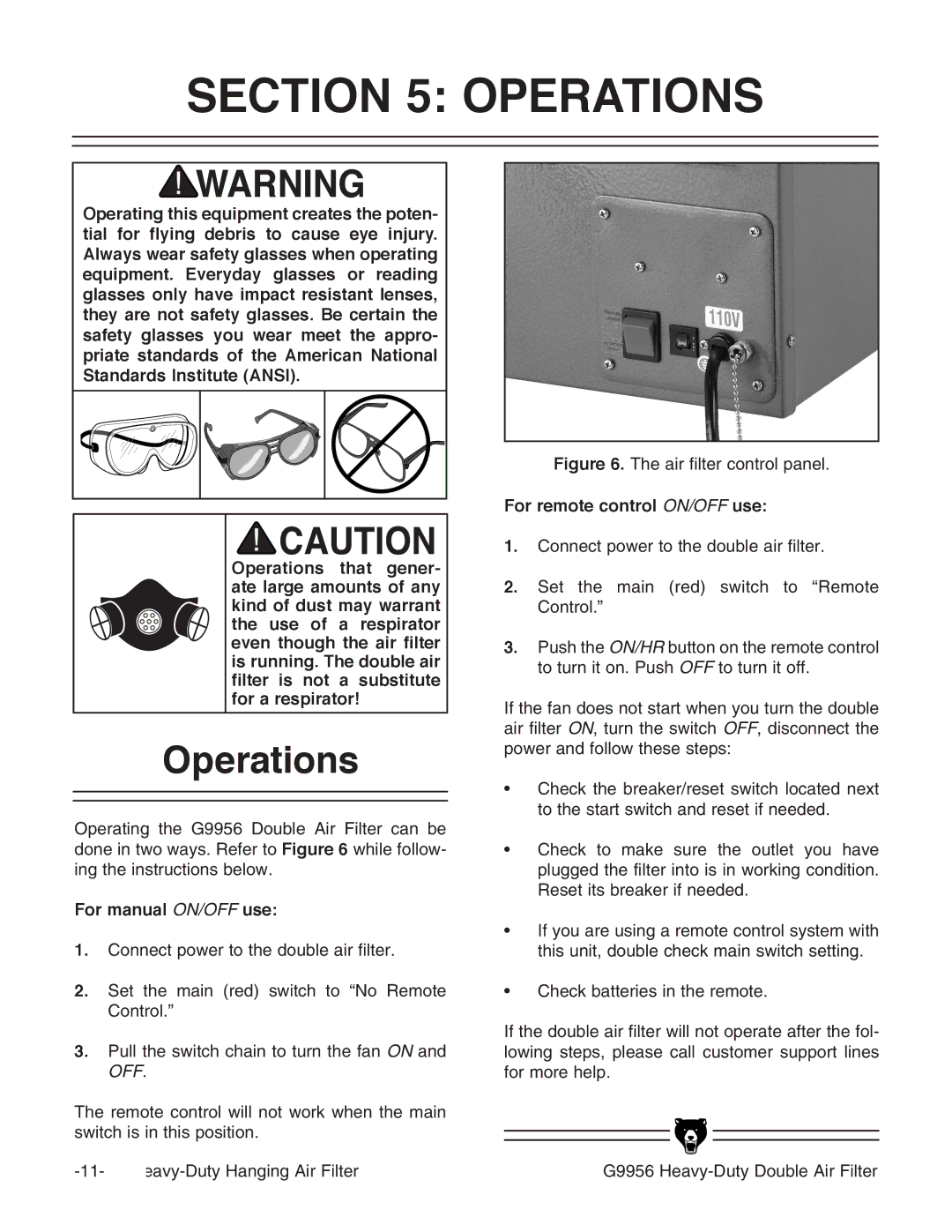 Grizzly G9956 instruction manual Operations, For manual ON/OFF use 