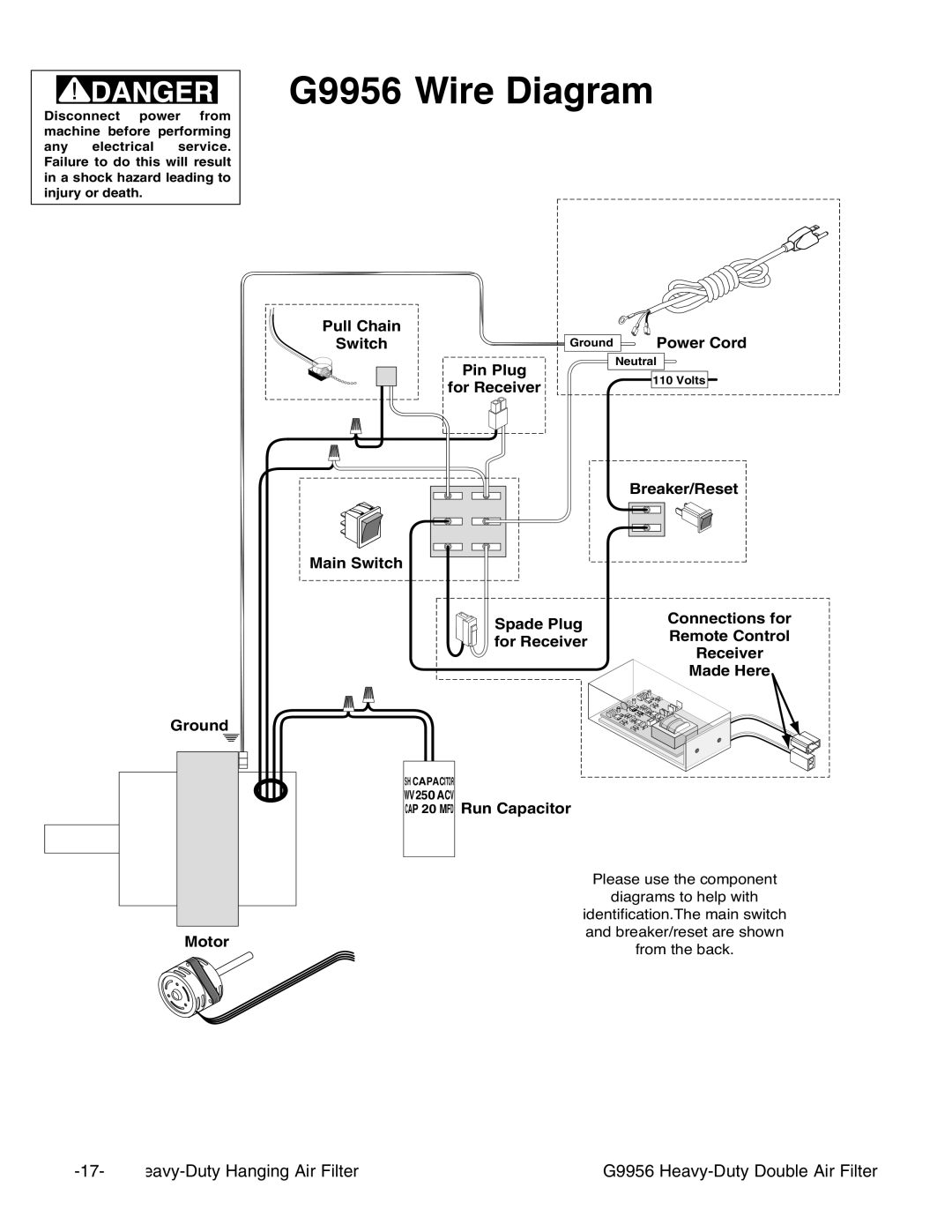 Grizzly instruction manual G9956 Wire Diagram, CAP 20 MFD Run Capacitor 