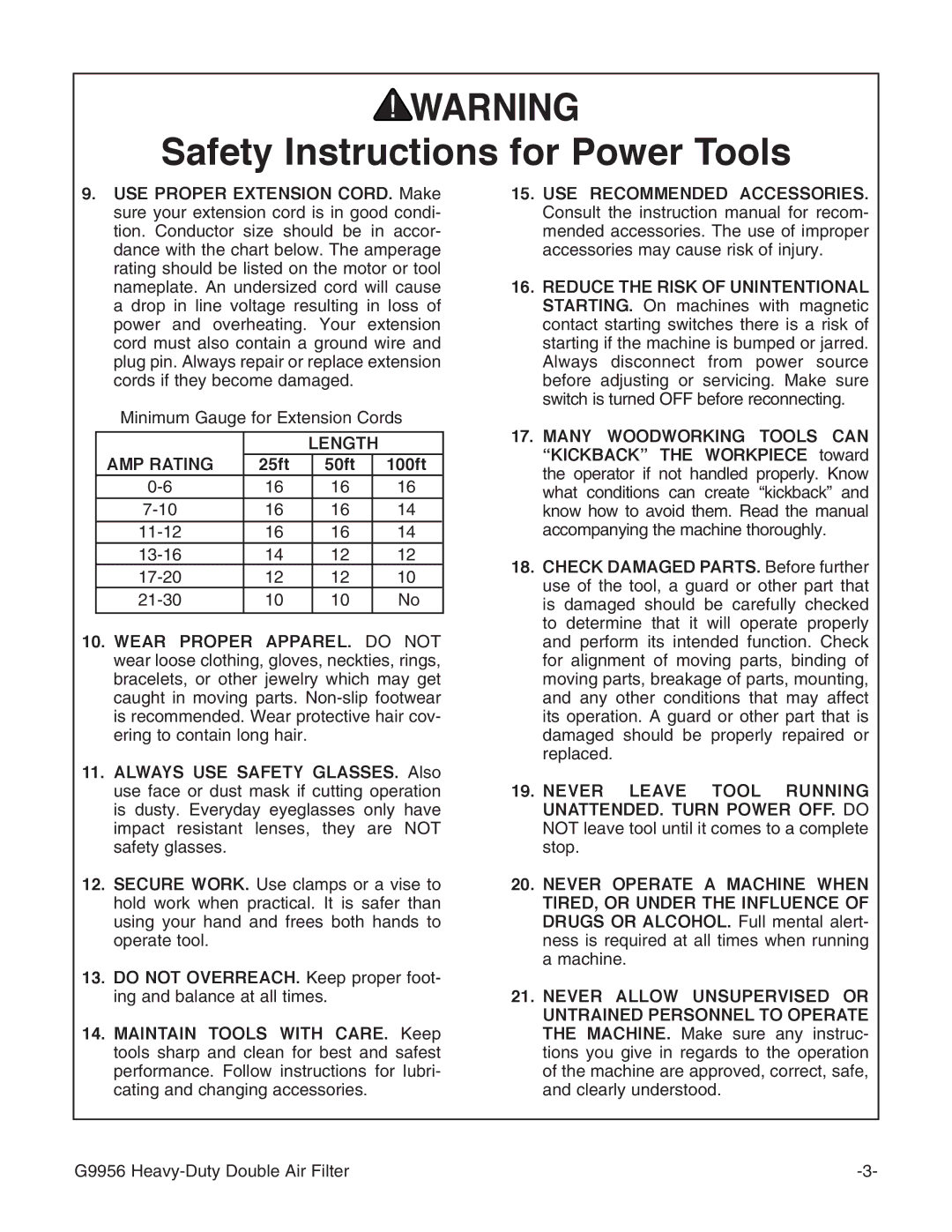 Grizzly G9956 instruction manual AMP Rating Length, 25ft 50ft 100ft 