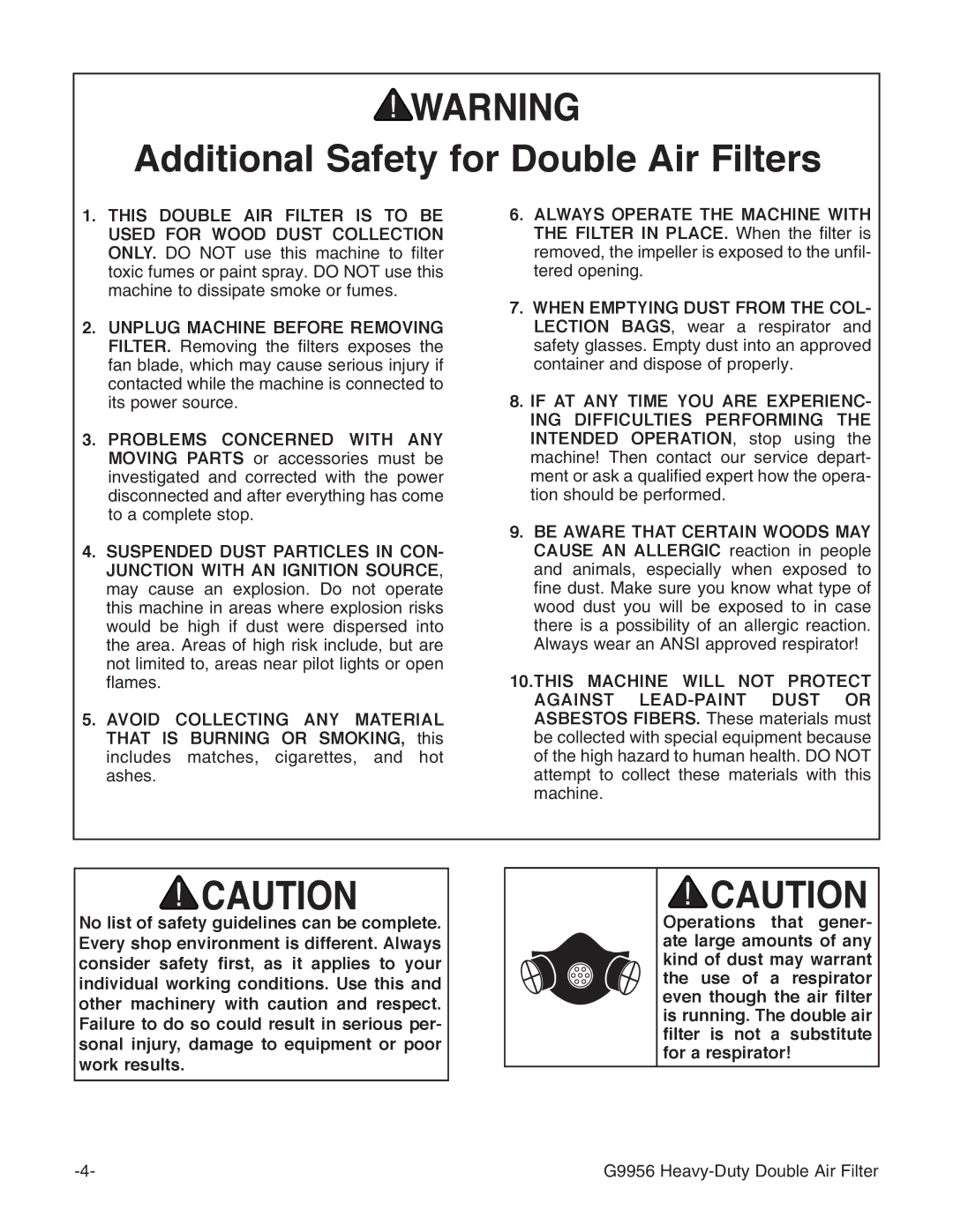 Grizzly G9956 instruction manual Additional Safety for Double Air Filters 