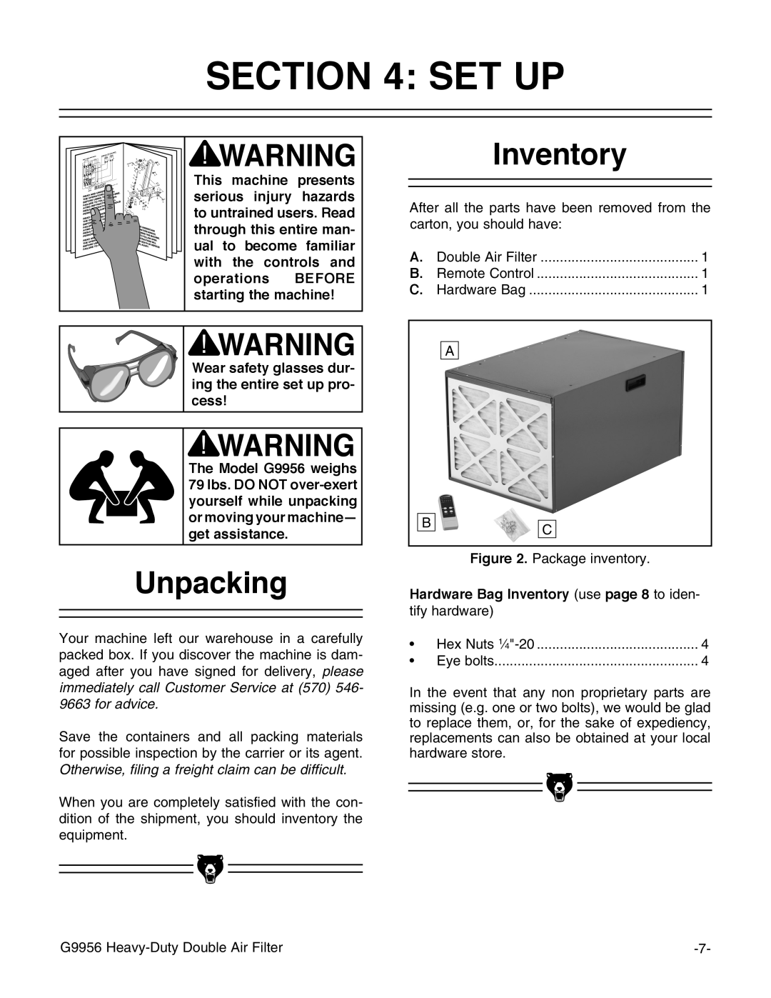 Grizzly G9956 instruction manual Set Up, Unpacking, Hardware Bag Inventory use page 8 to iden 