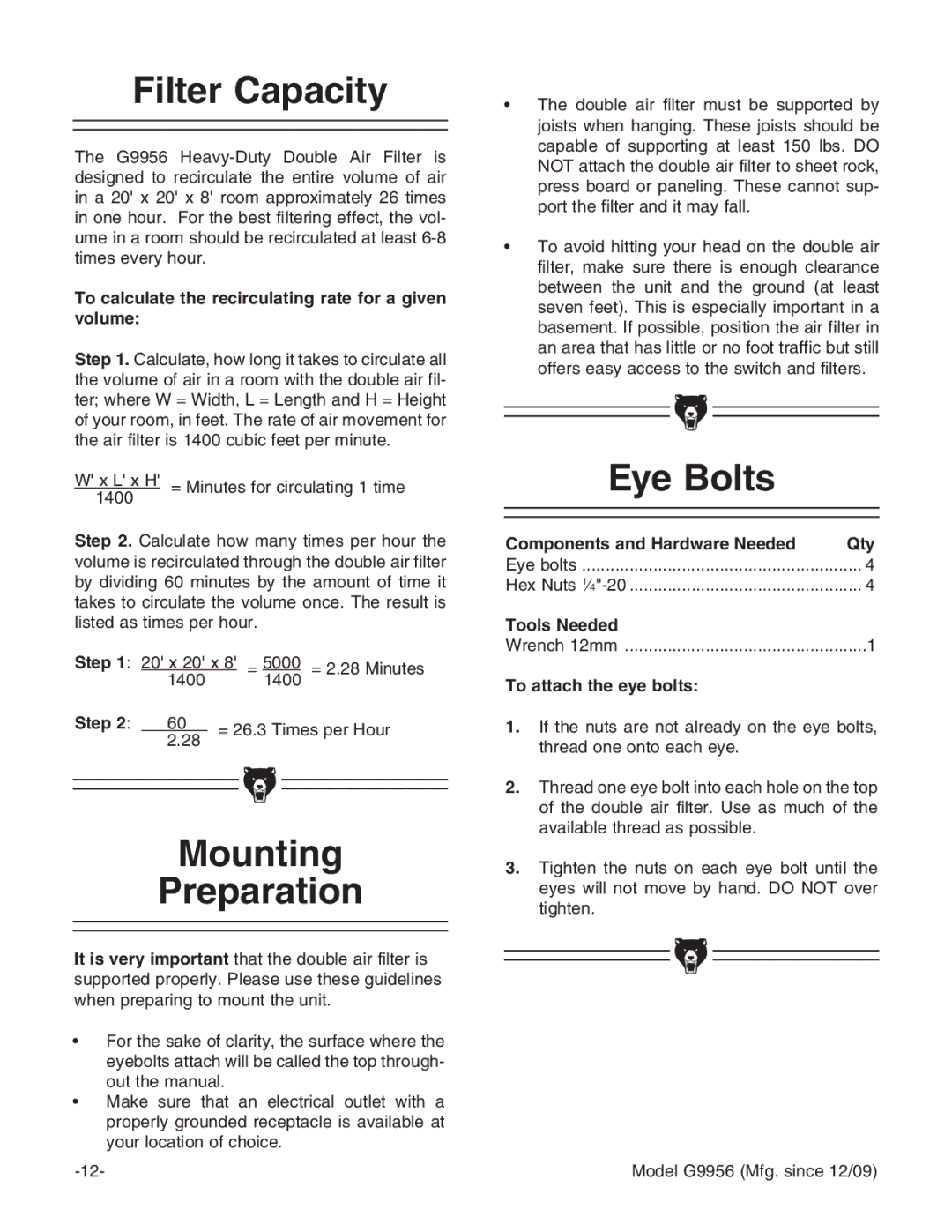 Grizzly G9956 instruction manual Filter Capacity, Mounting Preparation, Eye Bolts 