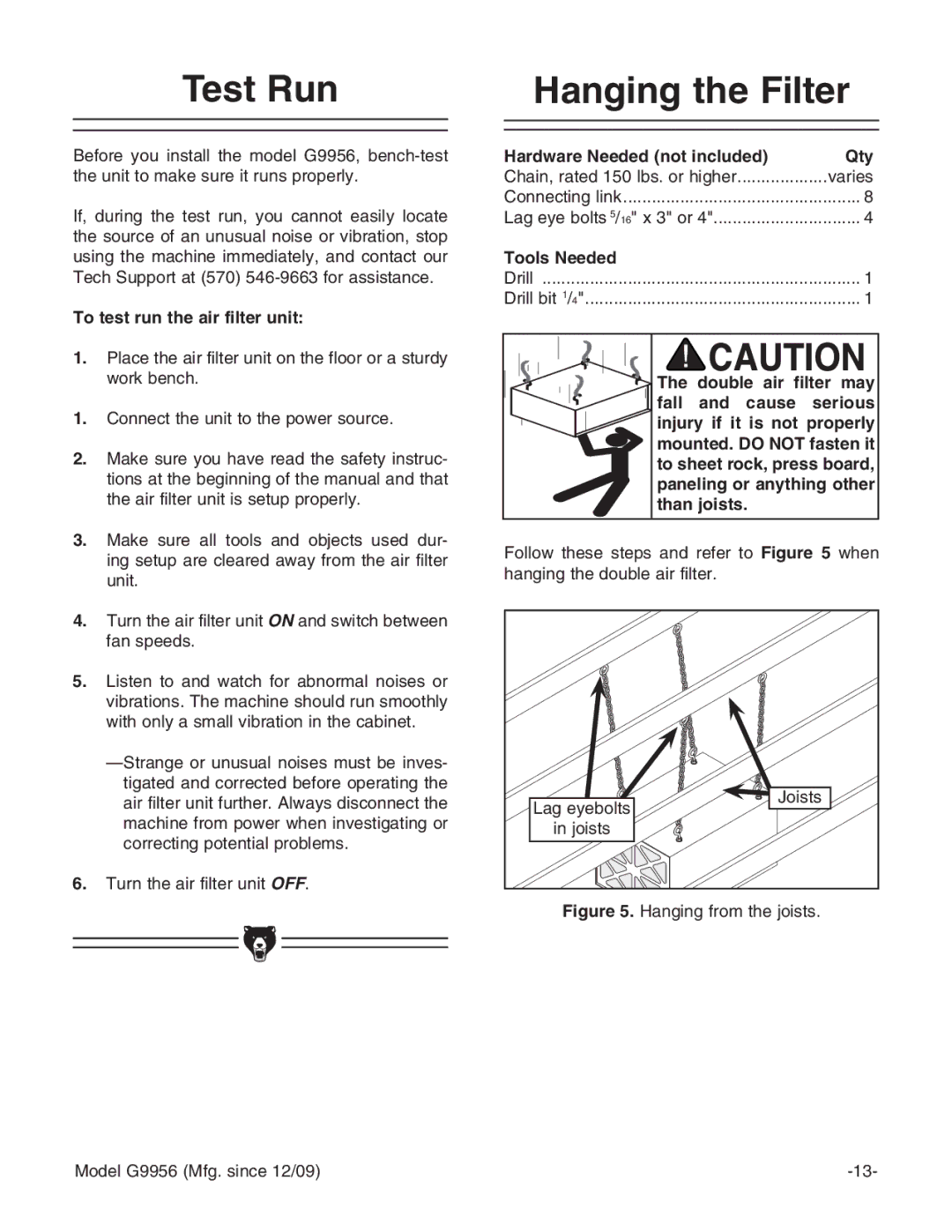 Grizzly G9956 Test Run Hanging the Filter, To test run the air filter unit, Hardware Needed not included Qty 