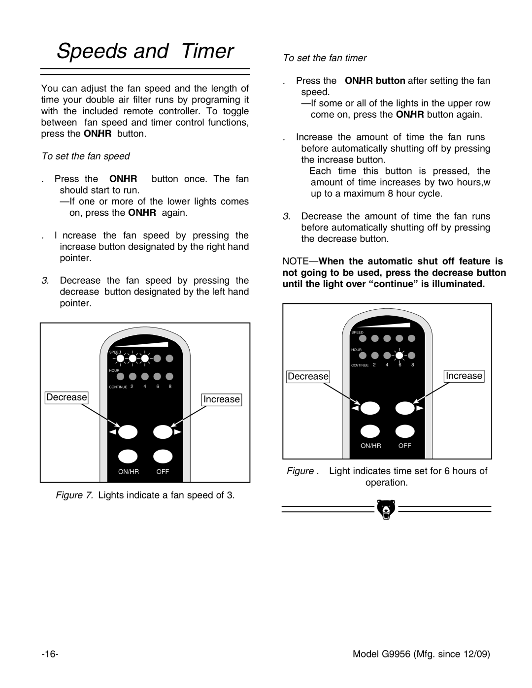 Grizzly G9956 instruction manual Speeds and Timer, To set the fan speed, To set the fan timer 