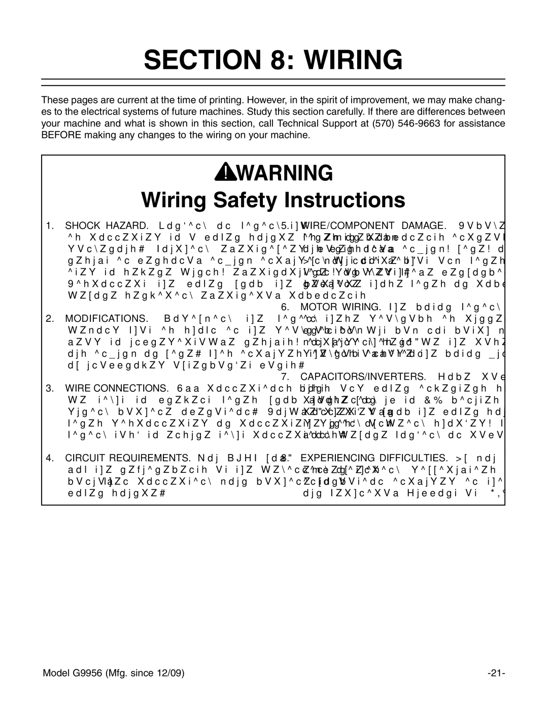 Grizzly G9956 instruction manual Wiring Safety Instructions 