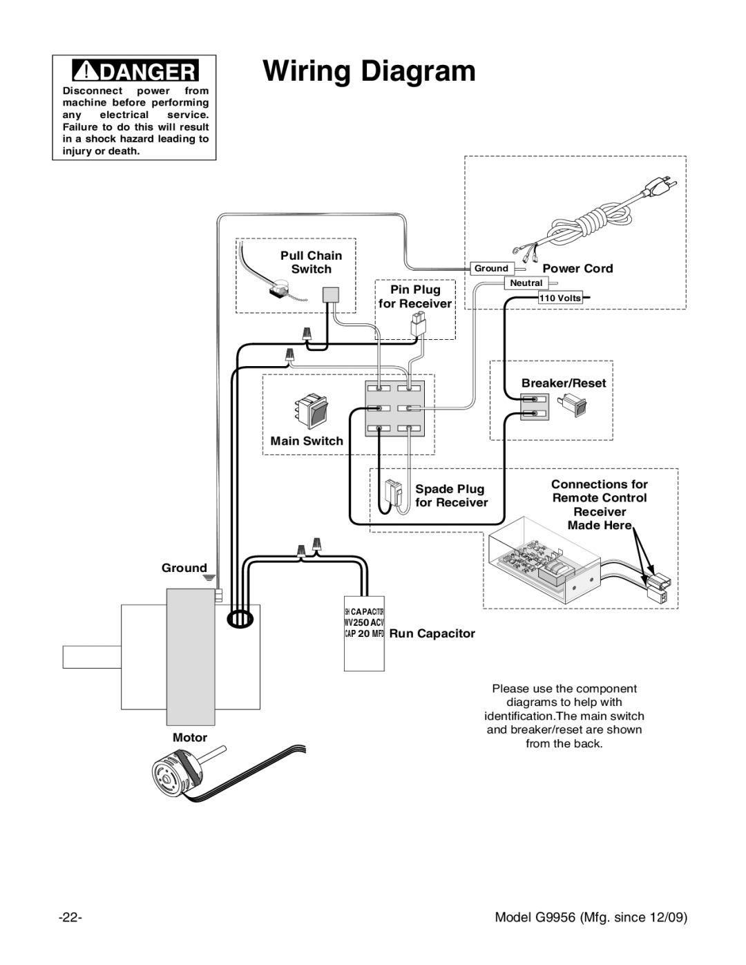 Grizzly G9956 instruction manual Wiring Diagram, CAP 20 MFD Run Capacitor 