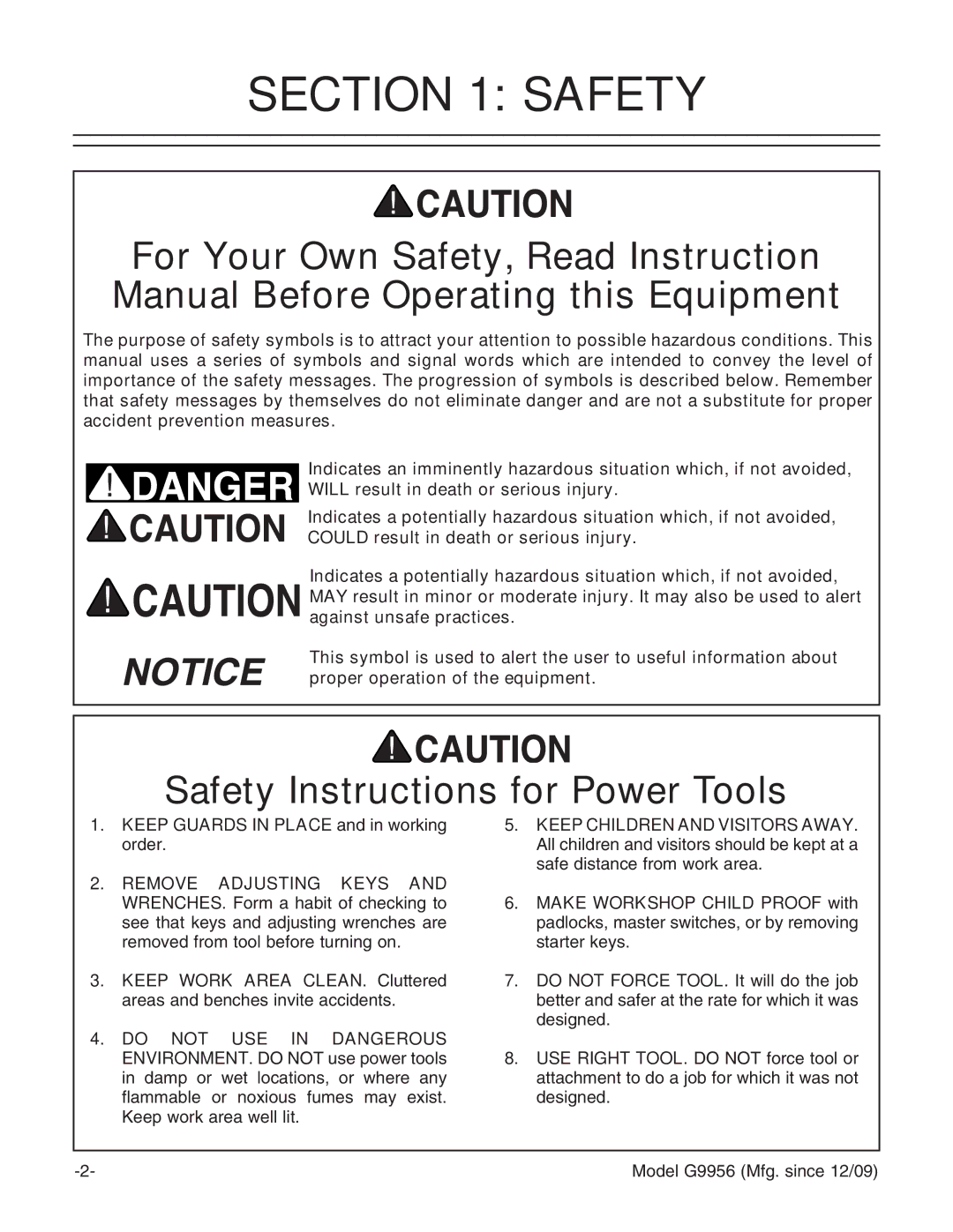 Grizzly G9956 instruction manual Safety Instructions for Power Tools 