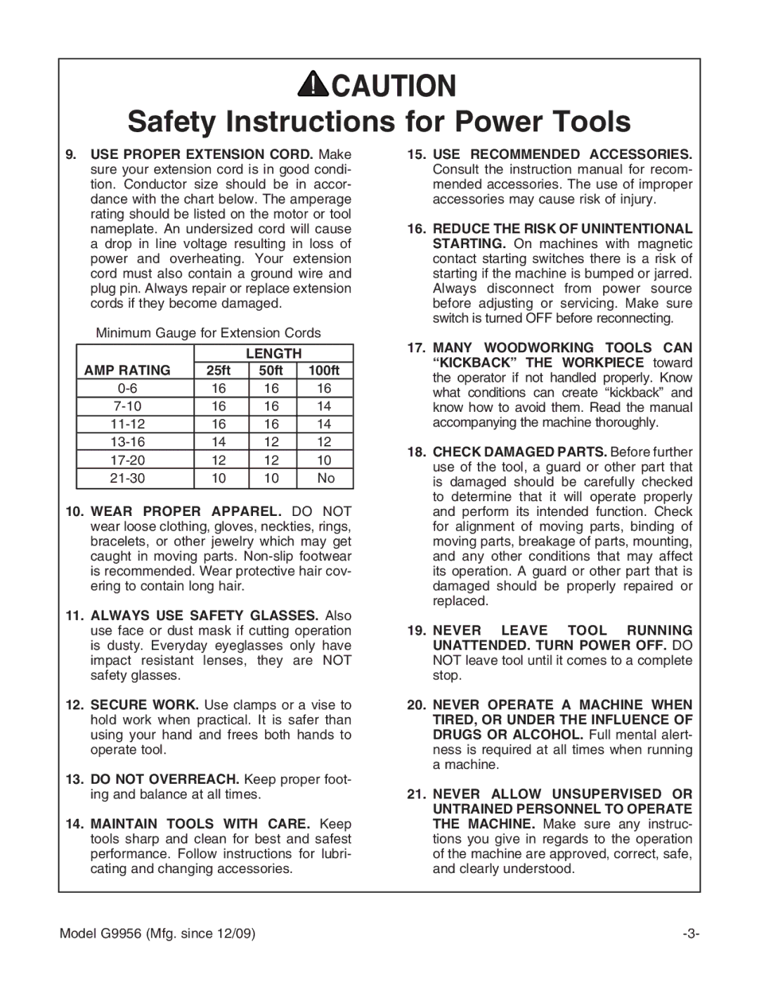 Grizzly G9956 instruction manual Length AMP Rating, 25ft 50ft 100ft 