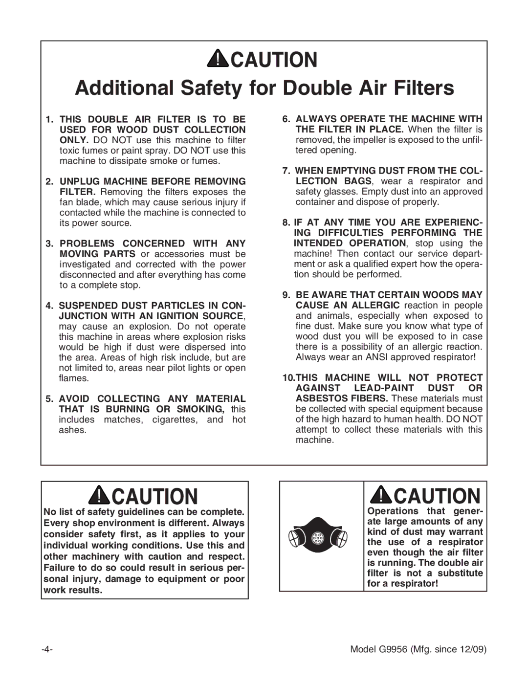 Grizzly G9956 instruction manual Additional Safety for Double Air Filters 