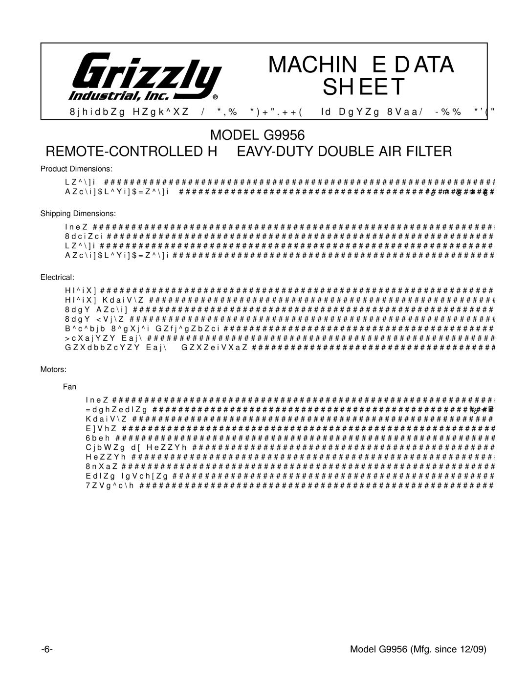 Grizzly G9956 instruction manual MACHINe dATA SHeeT 