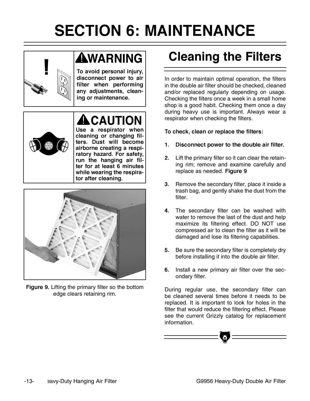 Grizzly G9956 instruction manual Maintenance, Cleaning the Filters 