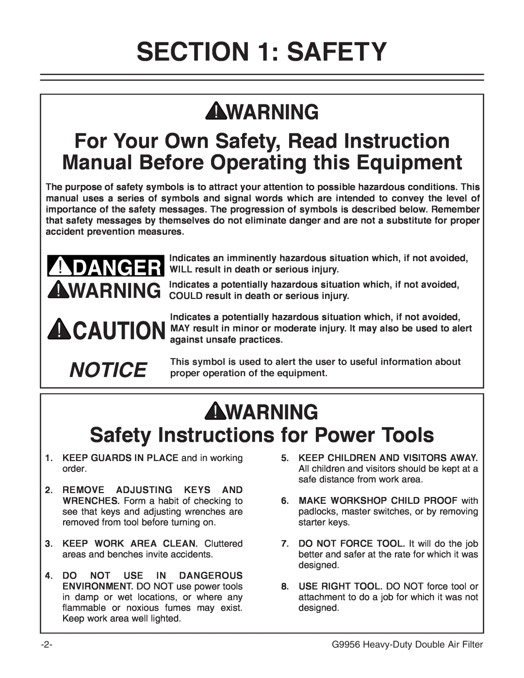 Grizzly G9956 instruction manual Safety Instructions for Power Tools 