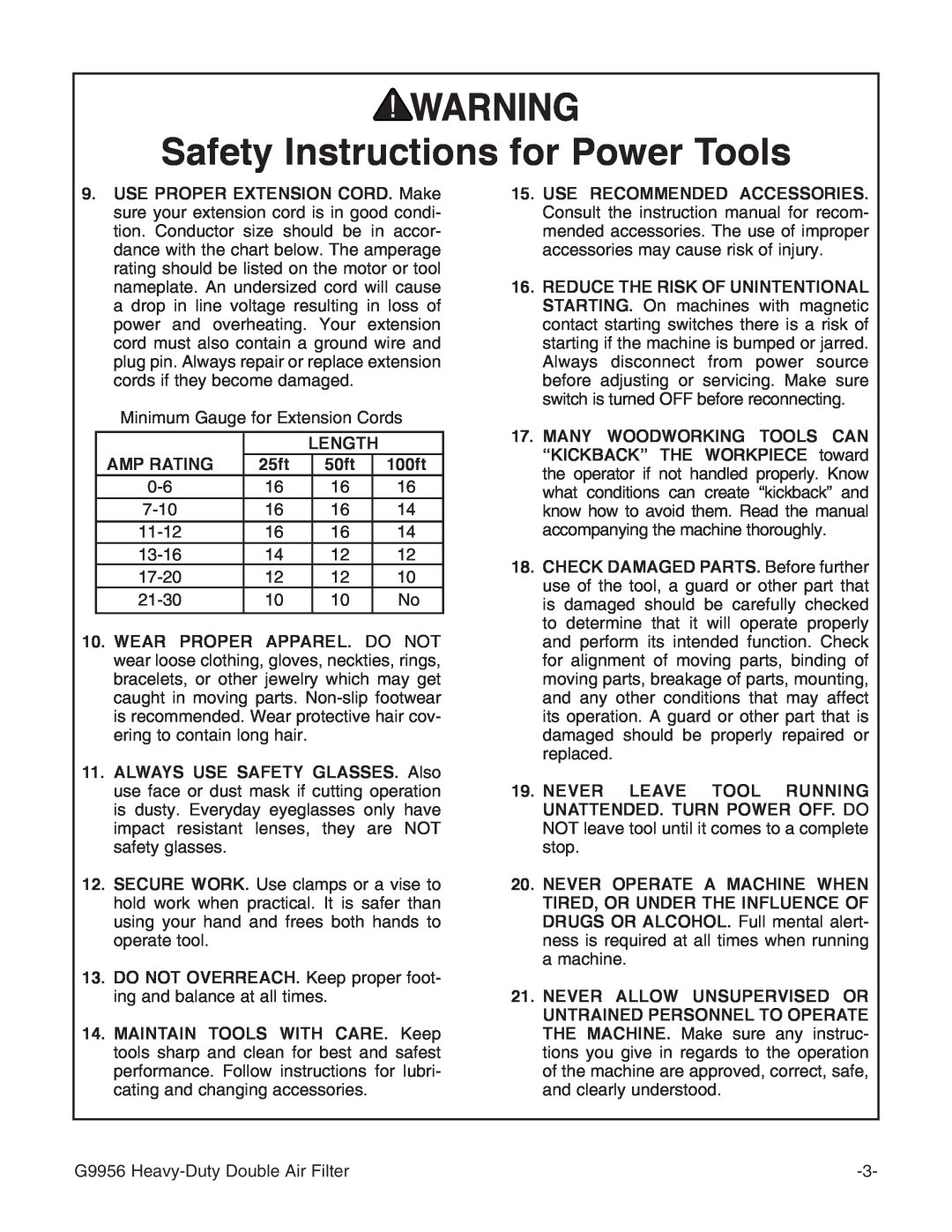 Grizzly G9956 instruction manual Safety Instructions for Power Tools, Amp Rating 