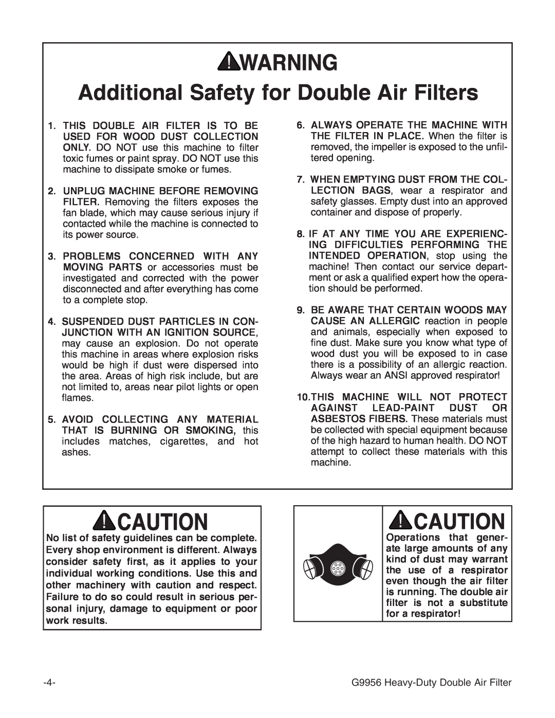Grizzly G9956 instruction manual Additional Safety for Double Air Filters 