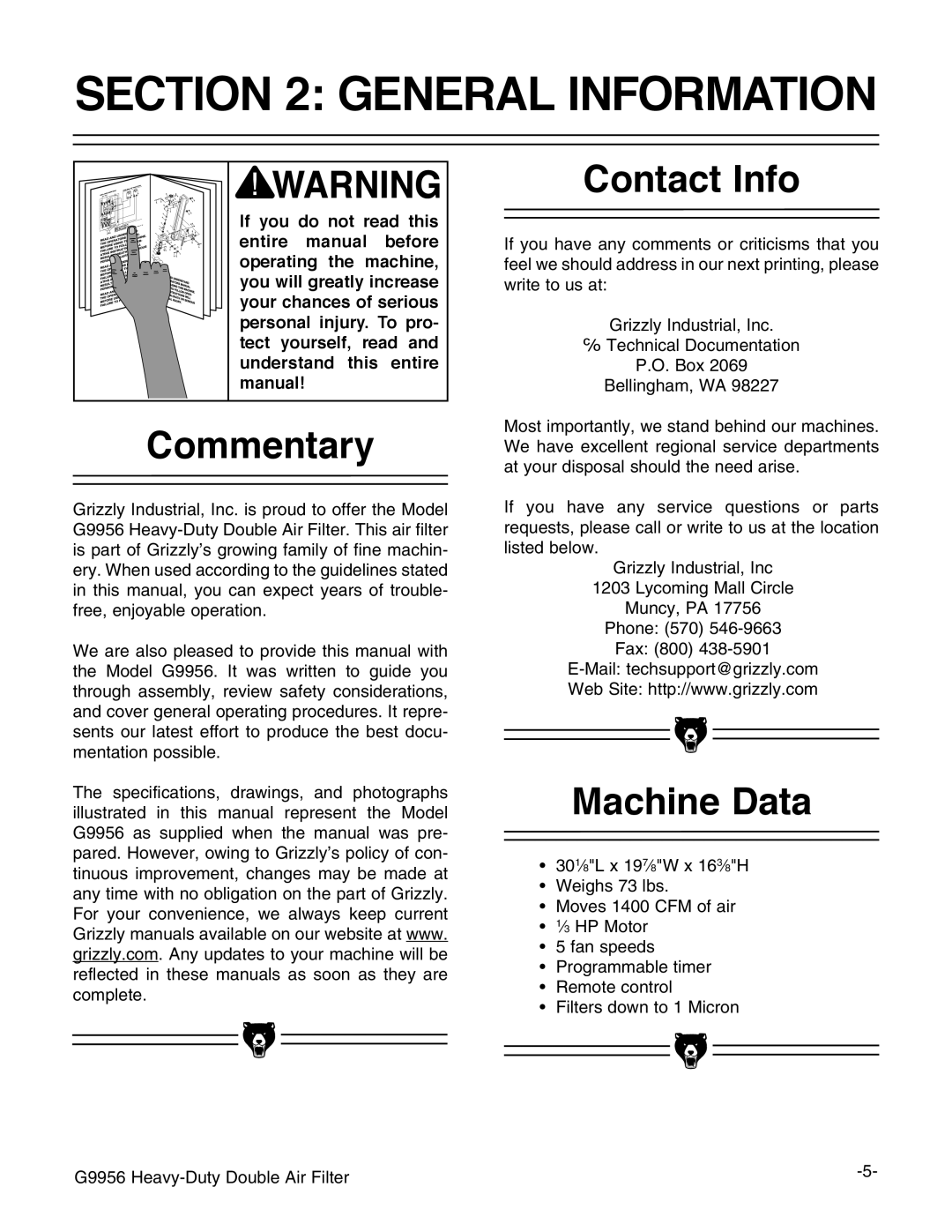 Grizzly G9956 instruction manual General Information, Commentary, Contact Info, Machine Data 