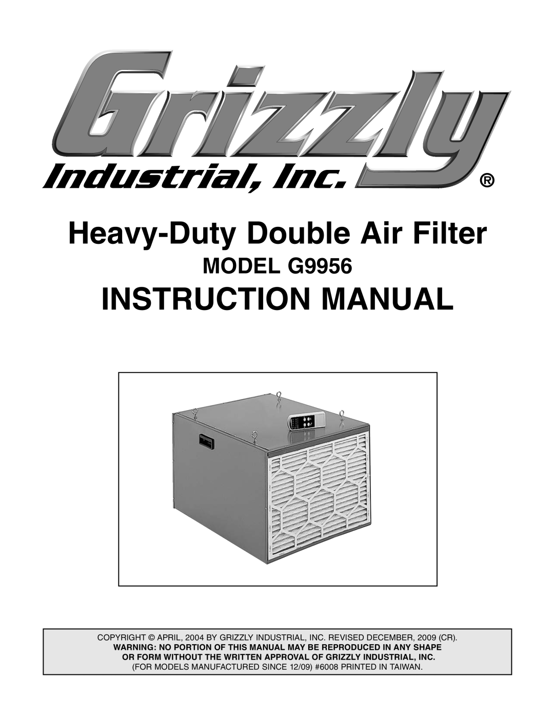 Grizzly instruction manual MODEL G9956, Heavy-DutyDouble Air Filter 