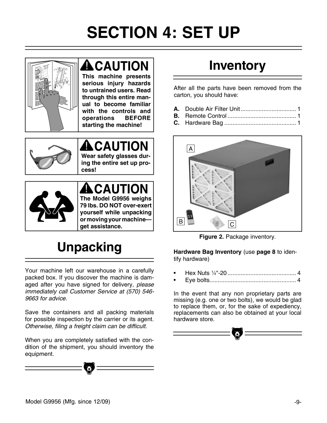 Grizzly G9956 instruction manual Set Up, Unpacking, Inventory 