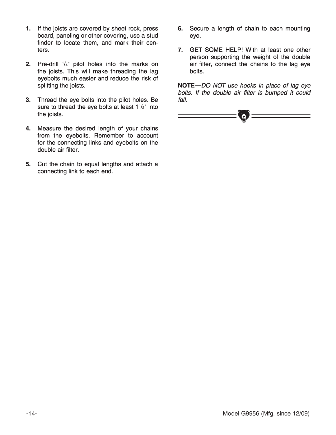 Grizzly G9956 instruction manual Secure a length of chain to each mounting eye 