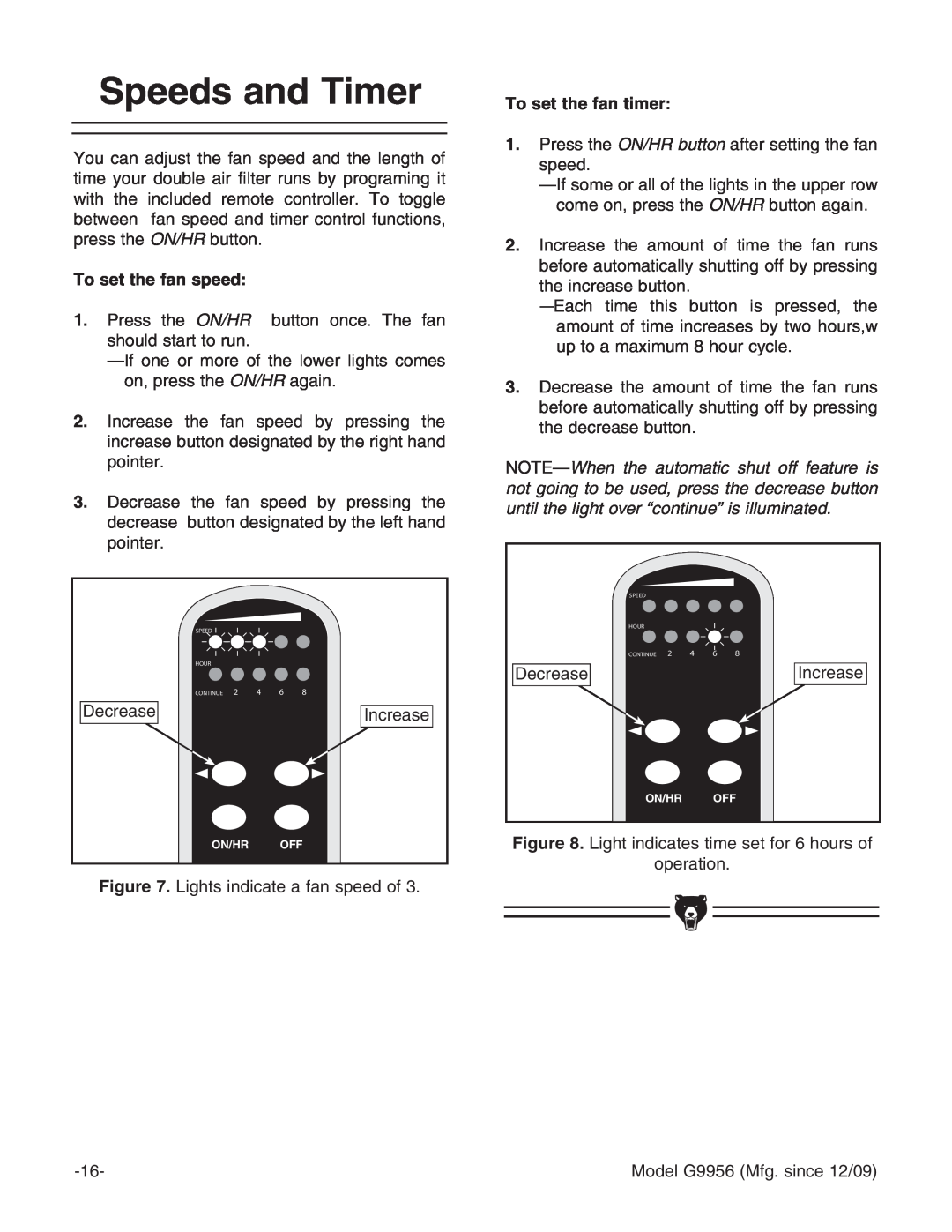 Grizzly G9956 instruction manual Speeds and Timer, Decrease, Increase 