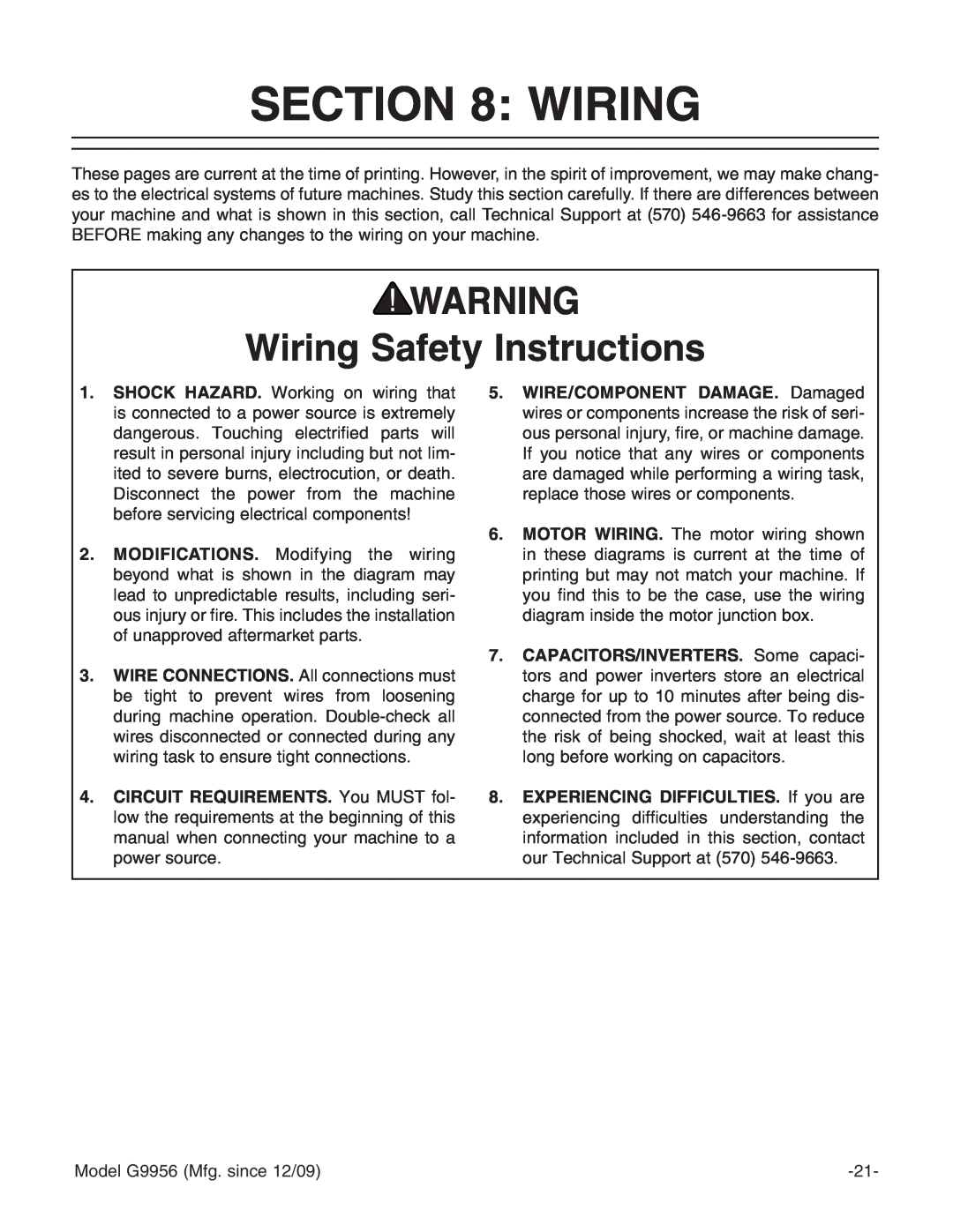Grizzly G9956 instruction manual Wiring Safety Instructions 