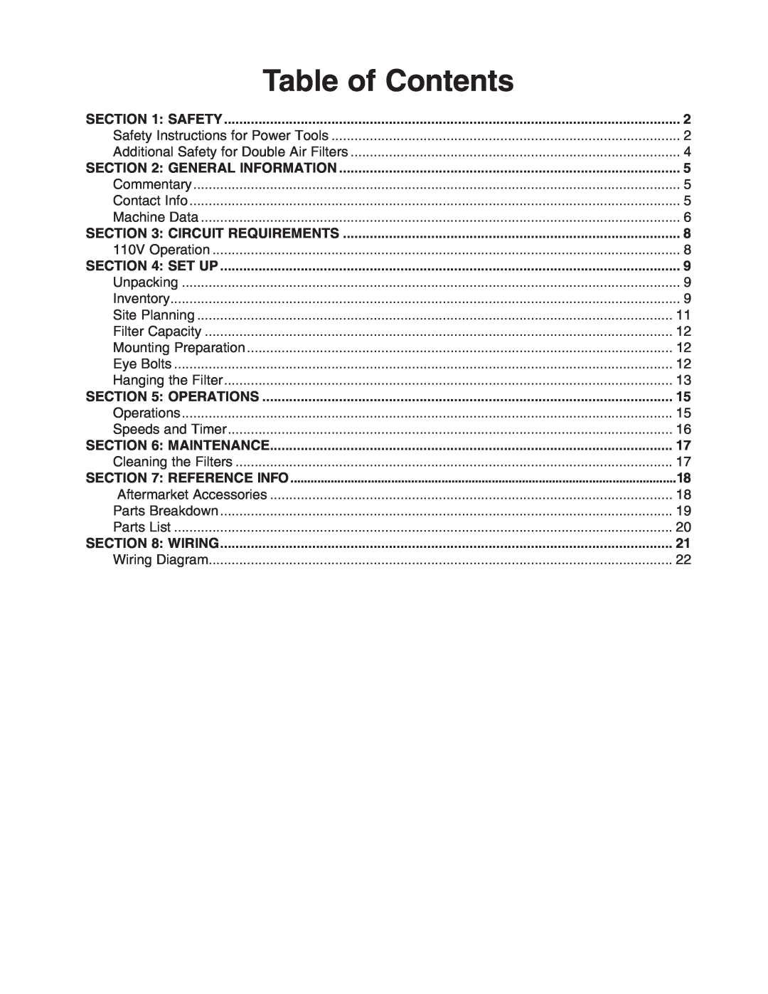 Grizzly G9956 instruction manual Table of Contents 
