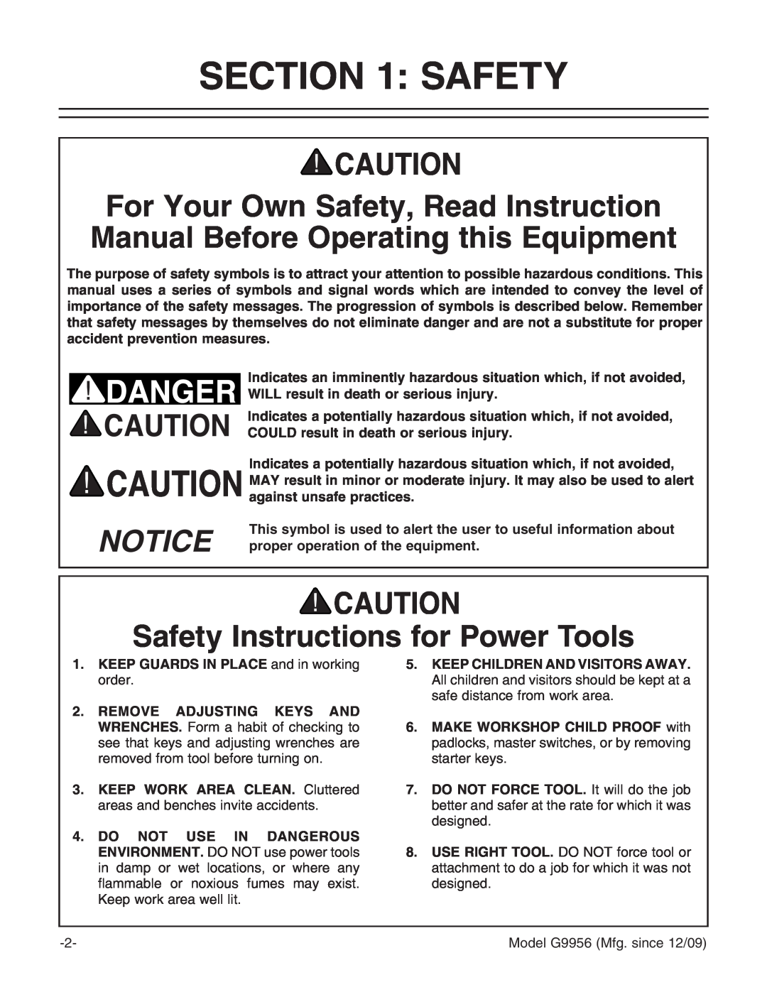 Grizzly G9956 instruction manual Safety Instructions for Power Tools 