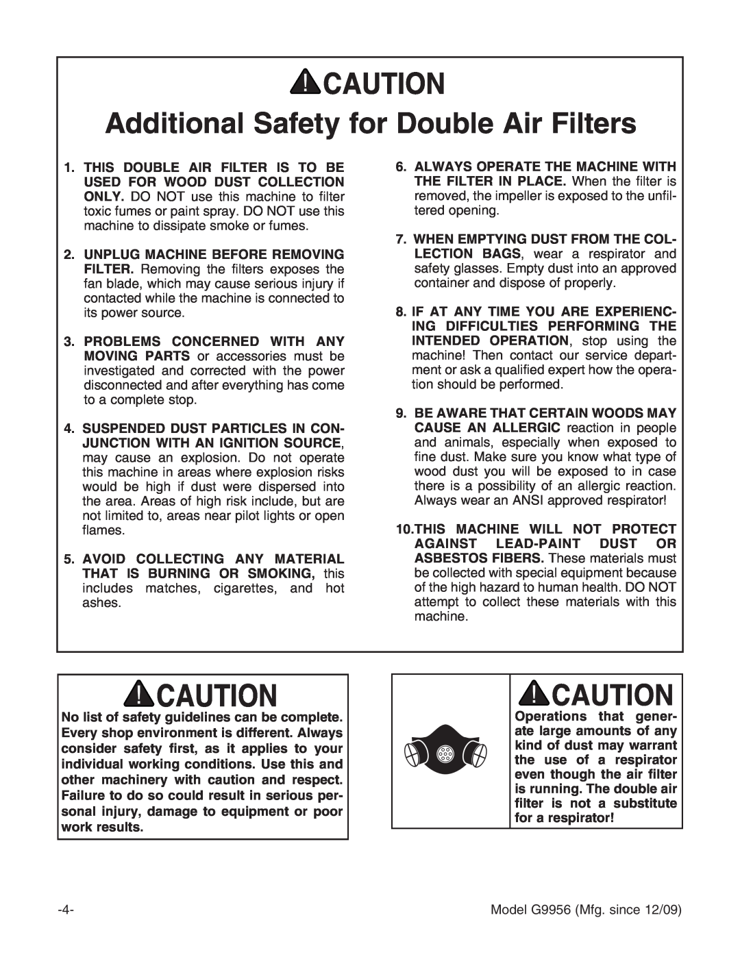 Grizzly G9956 instruction manual Additional Safety for Double Air Filters 