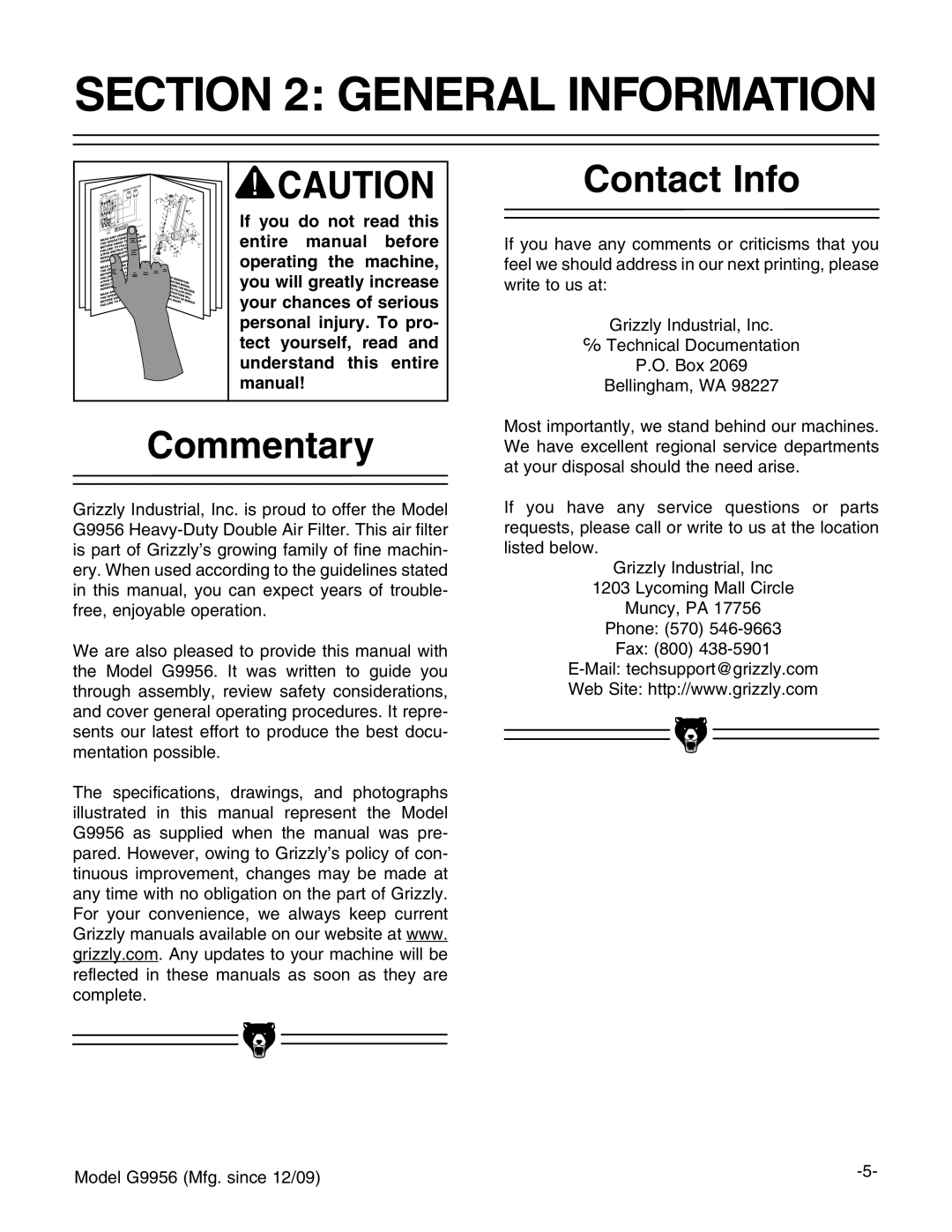 Grizzly G9956 instruction manual General Information, Commentary, Contact Info 