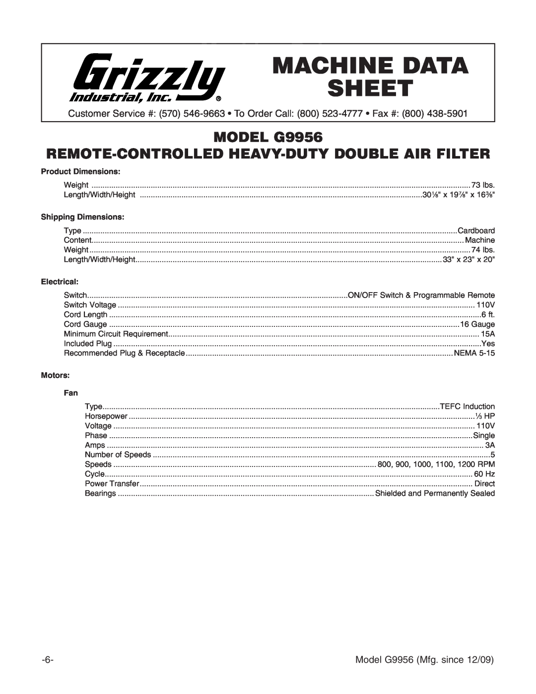 Grizzly mACHINe dATA SHeeT, Machine Data, model G9956, RemoTe-CoNTRolled HeAVY-dUTYdoUBle AIR FIlTeR, Electrical 
