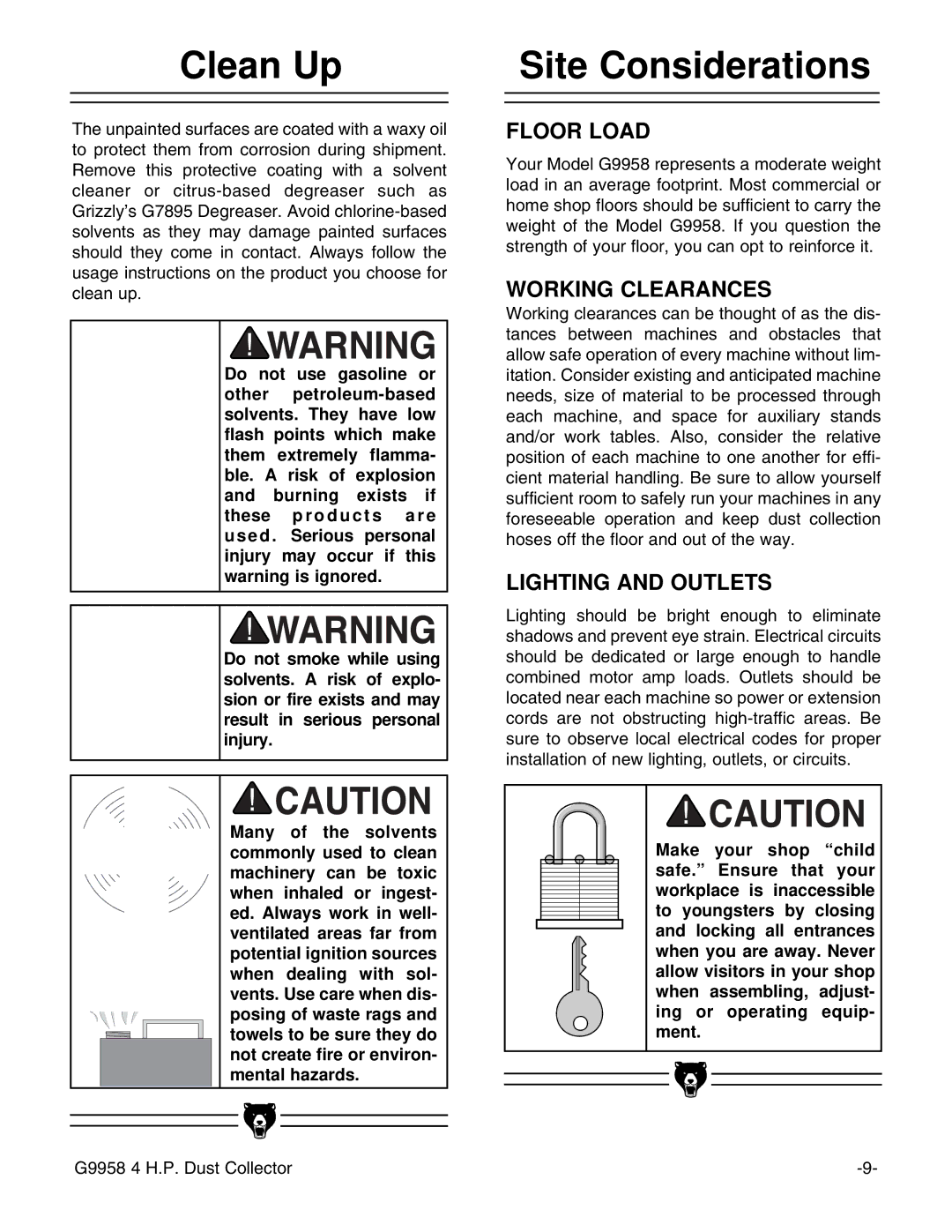 Grizzly G9958 instruction manual Clean Up, Site Considerations 