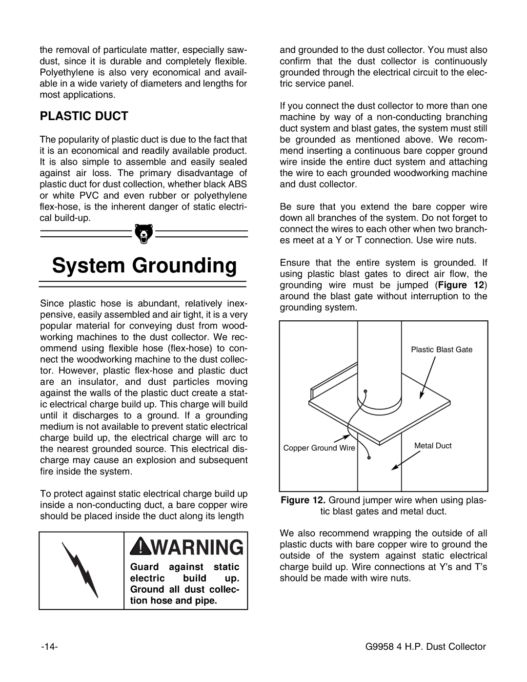 Grizzly G9958 instruction manual System Grounding, Plastic Duct 