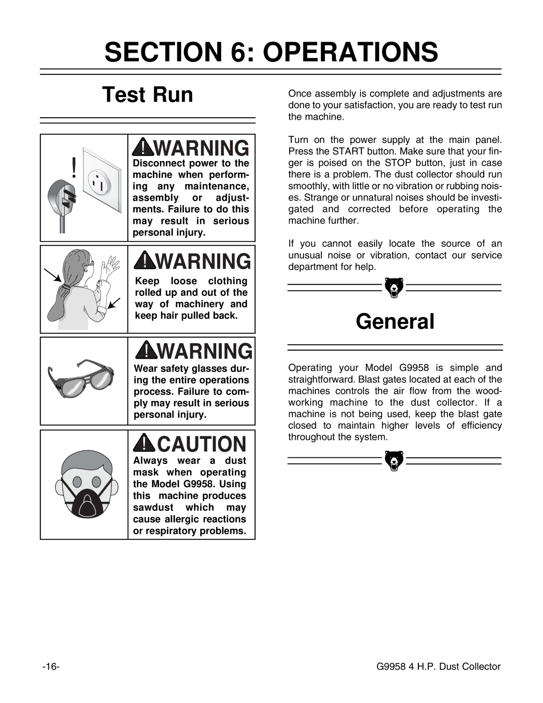 Grizzly G9958 instruction manual Operations, Test Run 