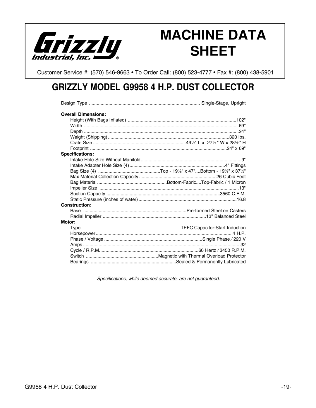 Grizzly G9958 instruction manual Machine Data Sheet 