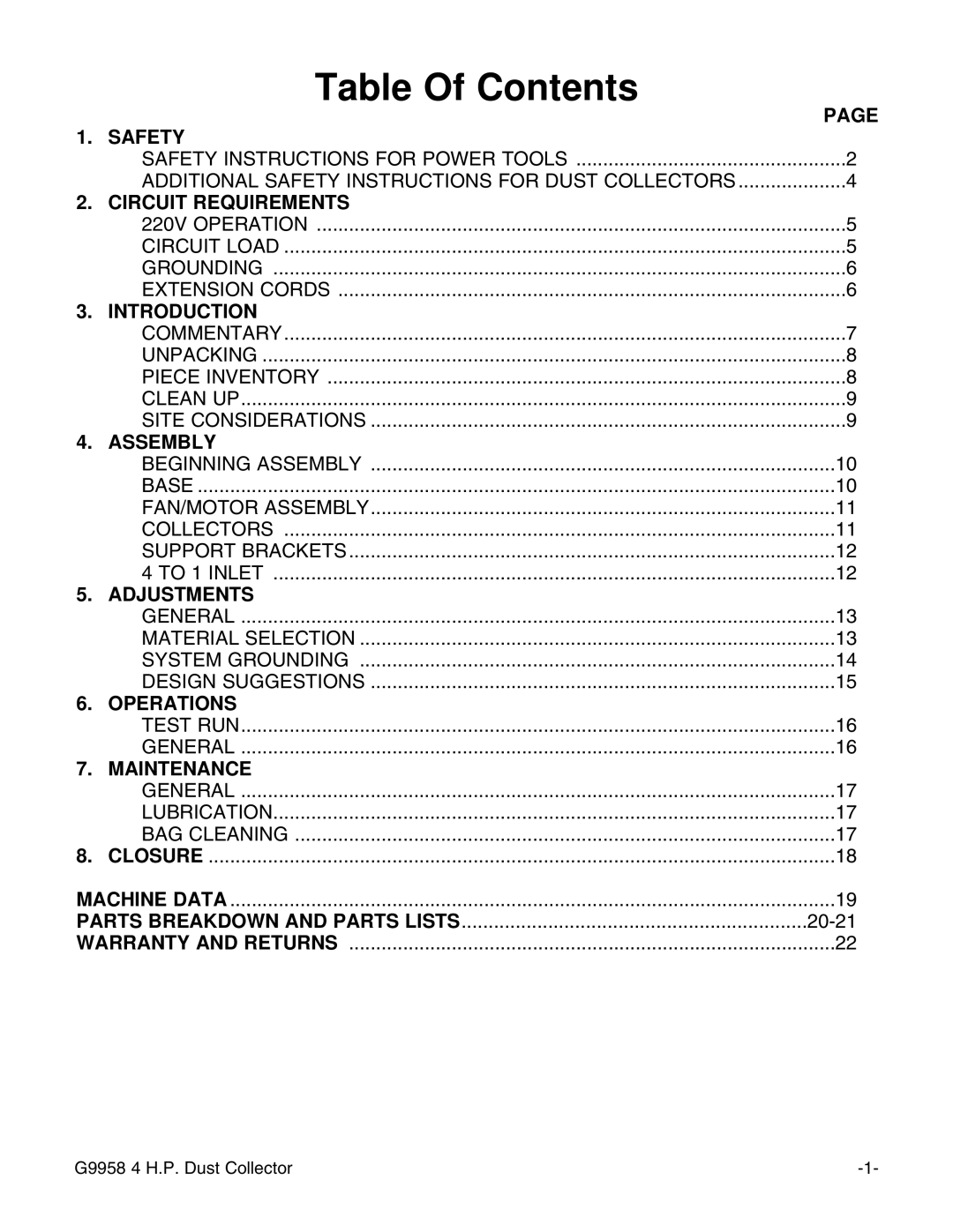 Grizzly G9958 instruction manual Table Of Contents 