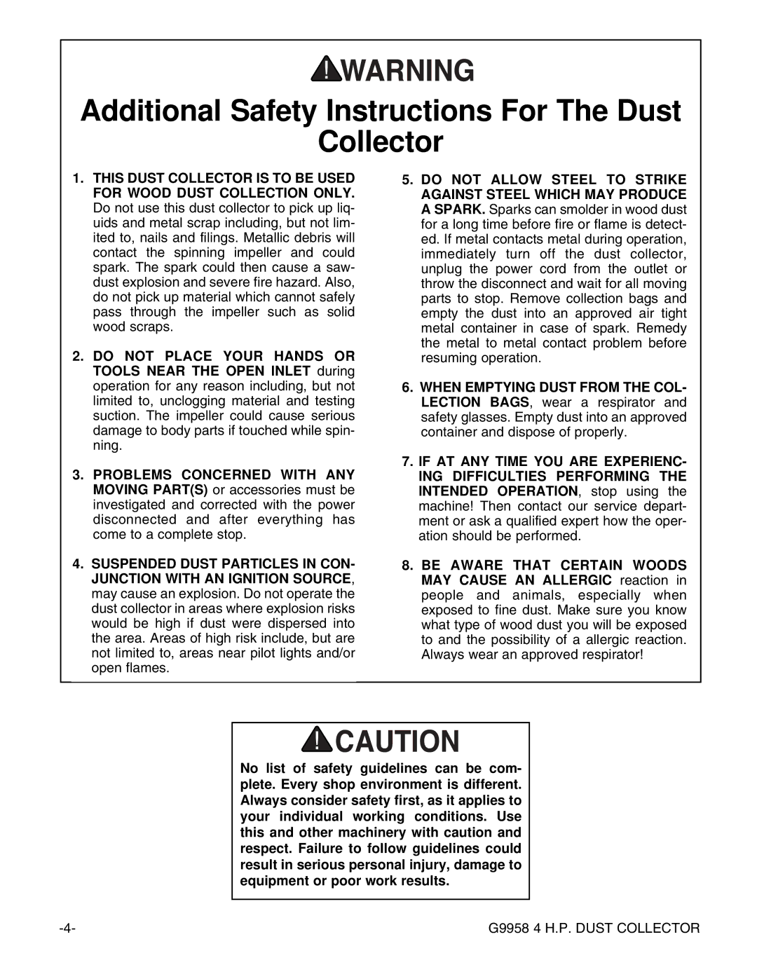 Grizzly G9958 instruction manual Additional Safety Instructions For The Dust Collector 