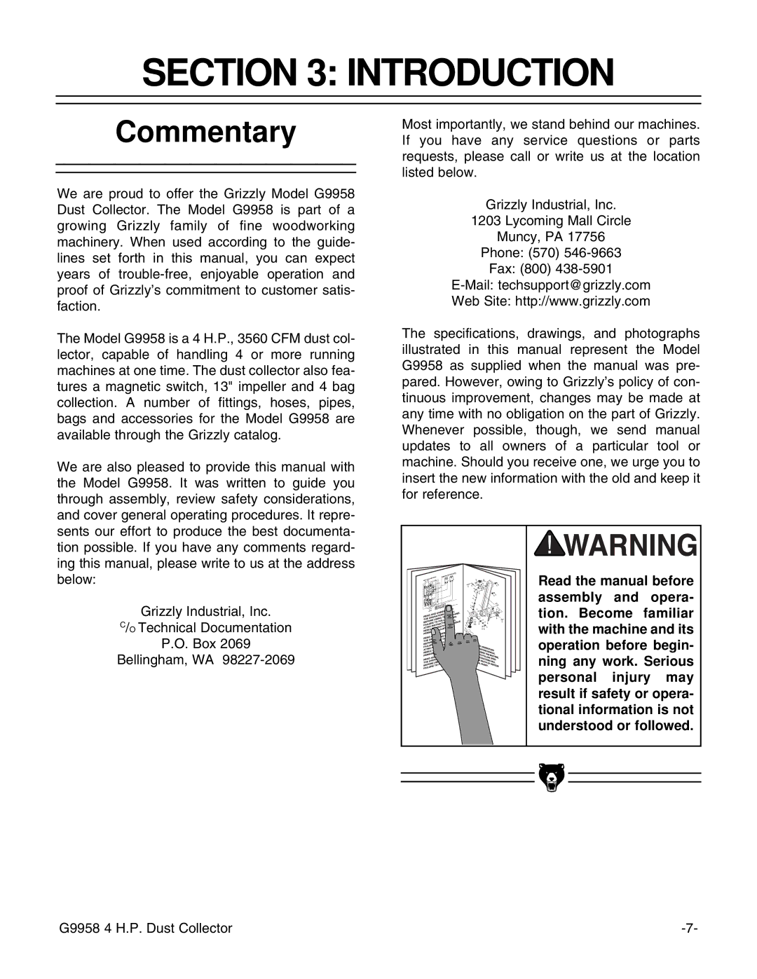 Grizzly G9958 instruction manual Introduction, Commentary 