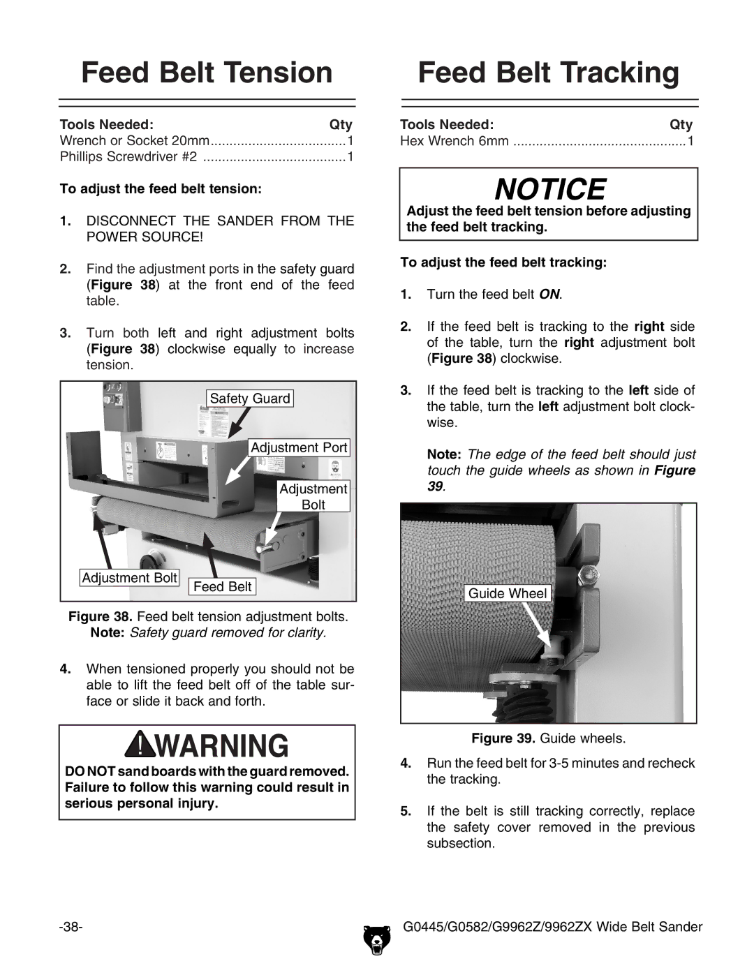 Grizzly G9962Z, G0582, 9962ZX, G0445 instruction manual Feed Belt Tension, Feed Belt Tracking, To adjust the feed belt tension 