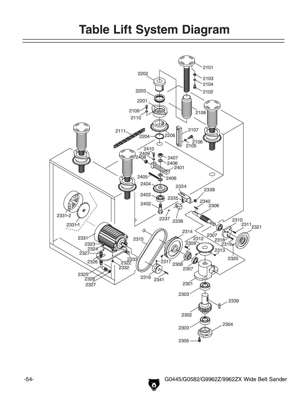 Grizzly G9962Z, G0582, 9962ZX, G0445 instruction manual Table Lift System Diagram 