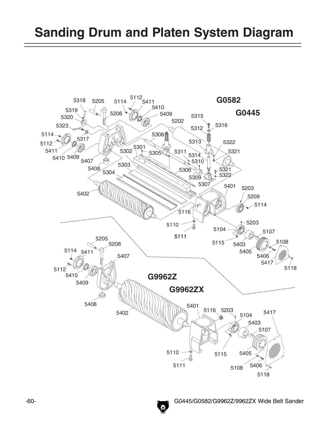 Grizzly 9962ZX, G9962Z, G0582, G0445 instruction manual Sanding Drum and Platen System Diagram 