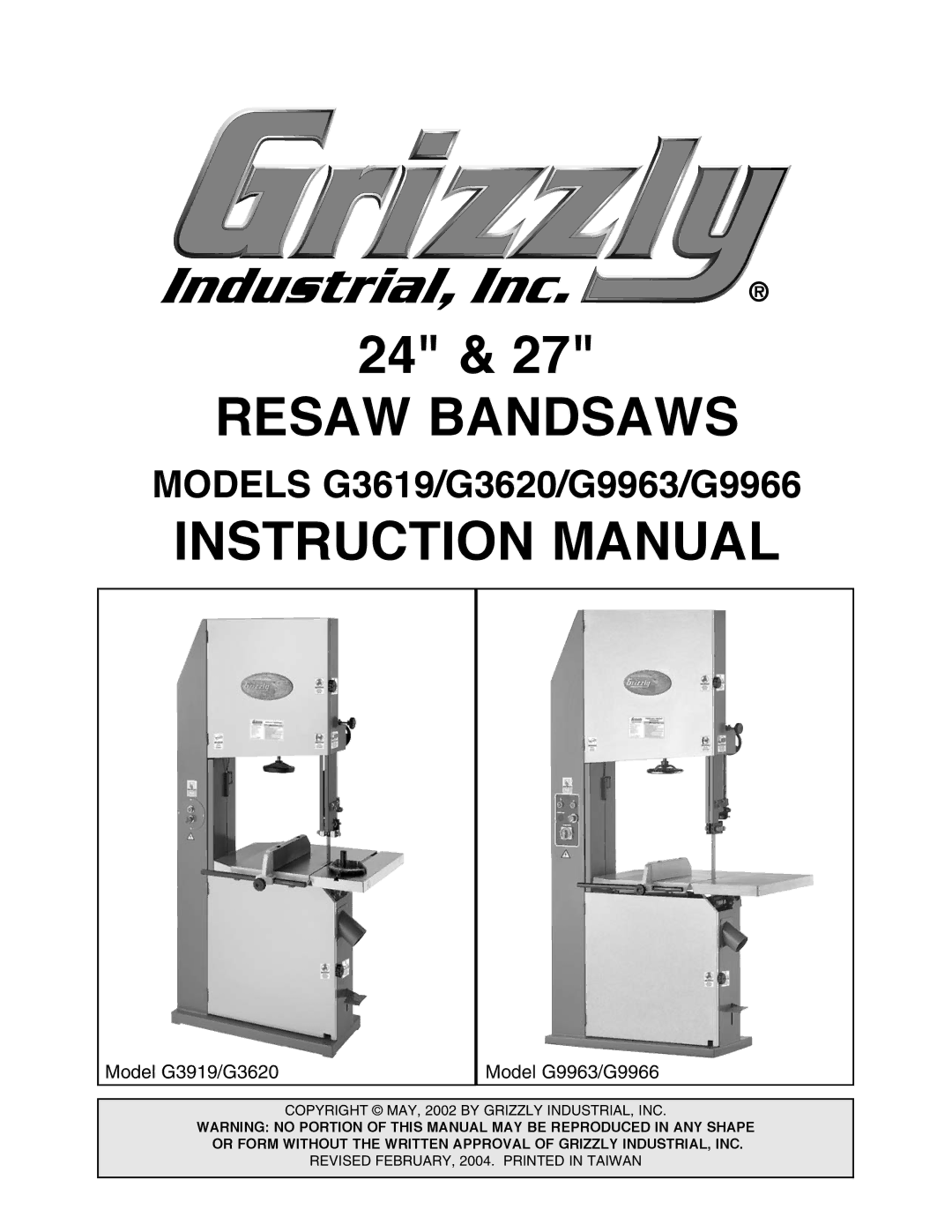 Grizzly instruction manual Resaw Bandsaws, Models G3619/G3620/G9963/G9966 