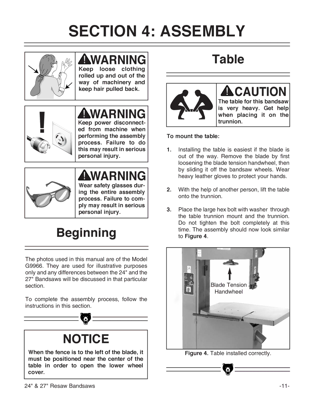 Grizzly G9963, G9966, G3620 instruction manual Assembly, Beginning 