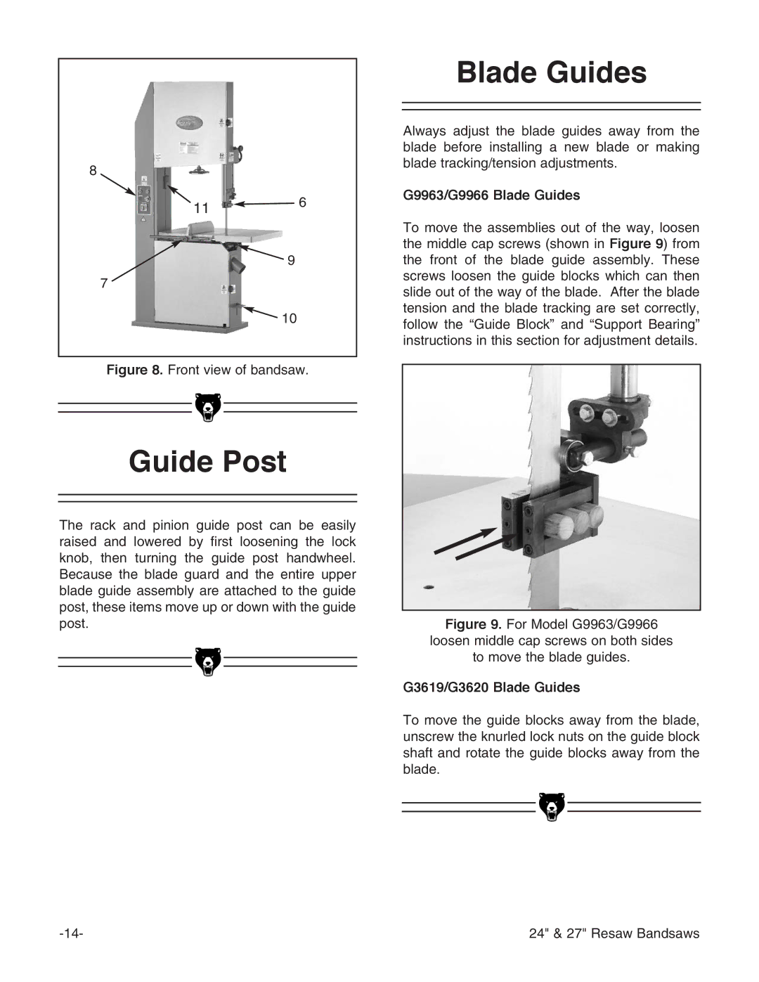 Grizzly instruction manual Guide Post, G9963/G9966 Blade Guides, G3619/G3620 Blade Guides 