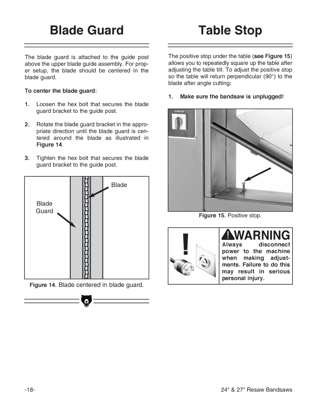 Grizzly G3620, G9966, G9963 Blade Guard Table Stop, To center the blade guard, Make sure the bandsaw is unplugged 