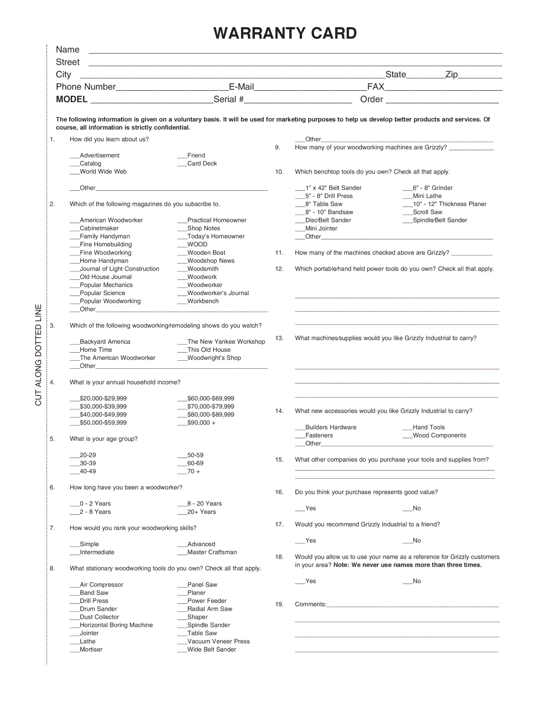 Grizzly G3620, G9966, G9963 instruction manual Warranty Card 