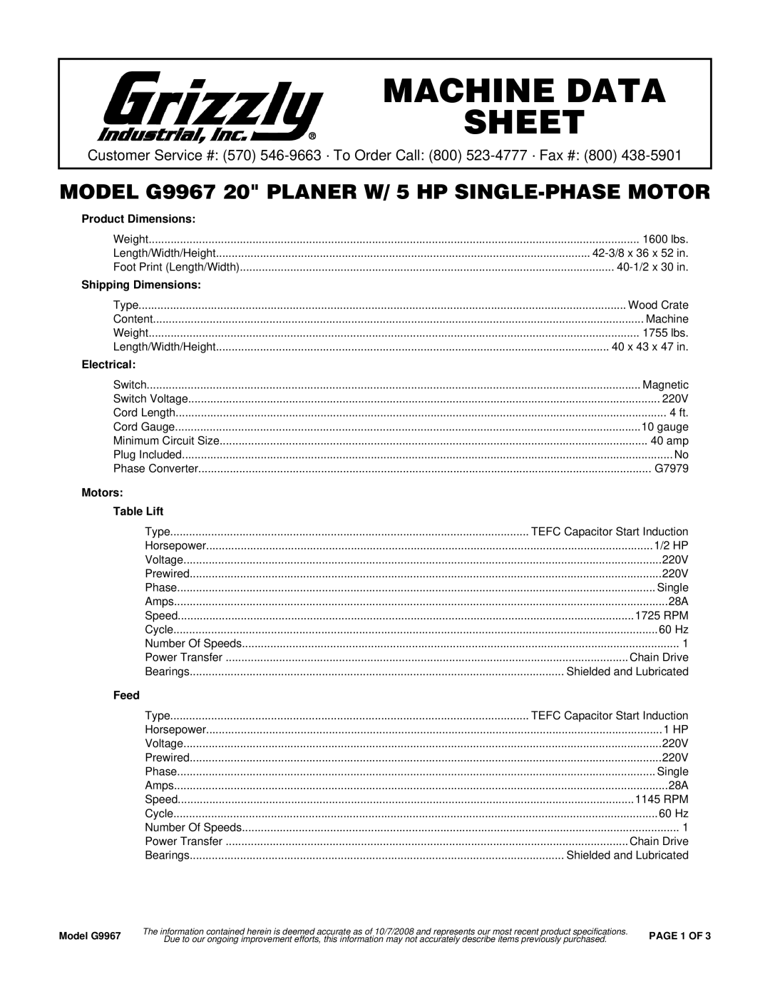 Grizzly G9967 specifications Product Dimensions, Shipping Dimensions, Electrical, Motors Table Lift, Feed 