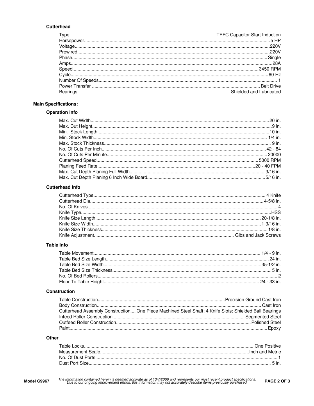 Grizzly G9967 specifications Main Specifications Operation Info, Cutterhead Info, Table Info, Construction, Other 