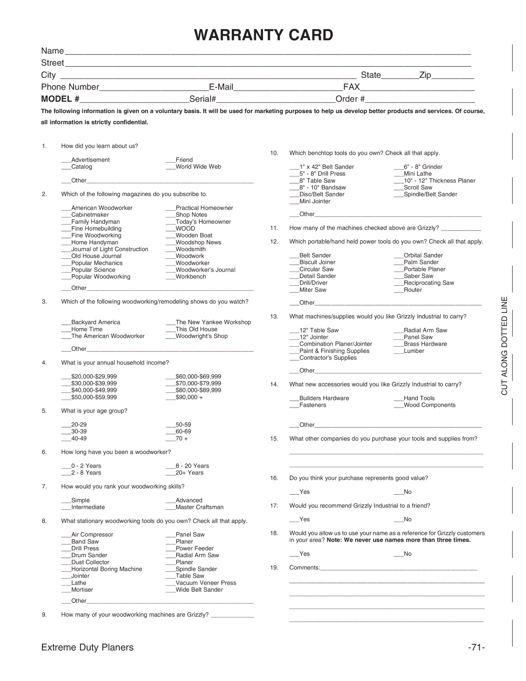 Grizzly G9740Z, G9967Z, G9741, G9961 instruction manual Warranty Card 