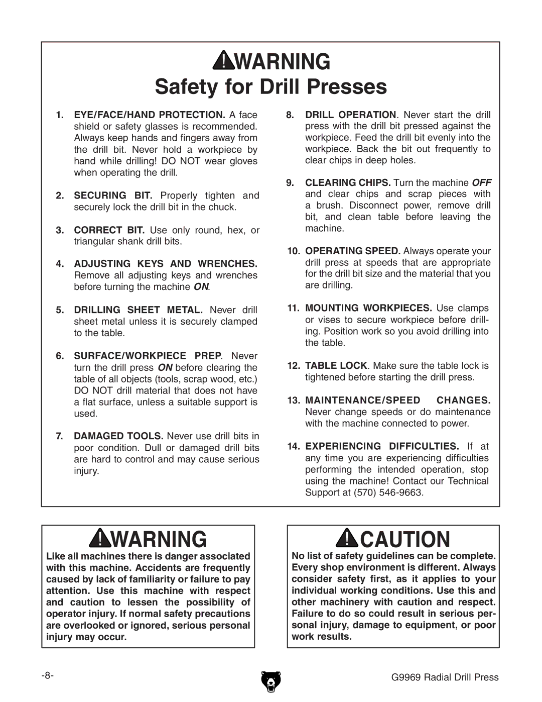 Grizzly G9969 owner manual Safety for Drill Presses 