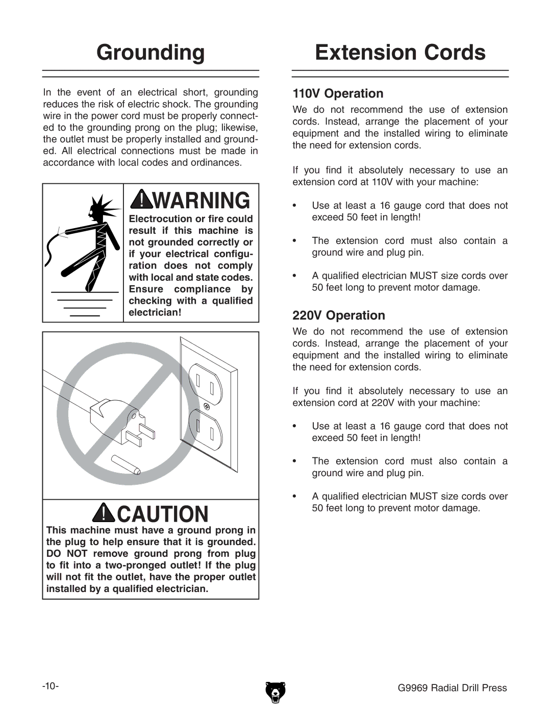 Grizzly G9969 owner manual Grounding, Extension Cords, 110V Operation, 220V Operation 